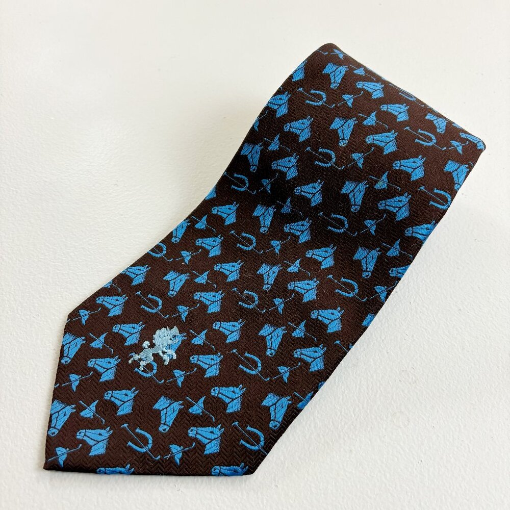 SCHIAPARELLI Equestrian Polo Neck Tie VTG Rare Woven Logo Old Money Blue Brown